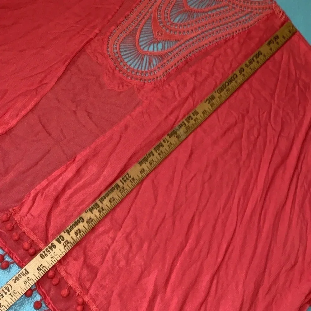 LANE BRYANT crochet & pom poms cover up kimono coral side slits NEW size OSFA